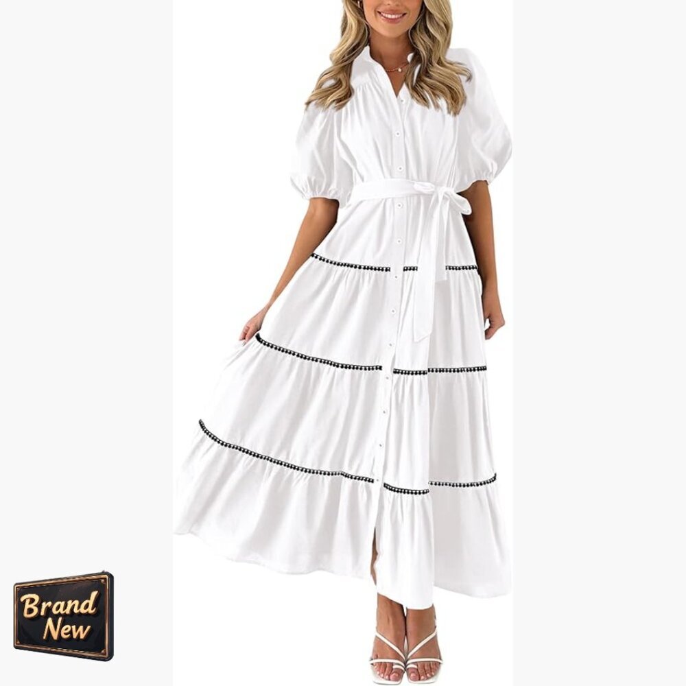 Maxi Dress With Puffy Sleeves, Button Down, Tiered Ruffle, V-Neck, Pockets